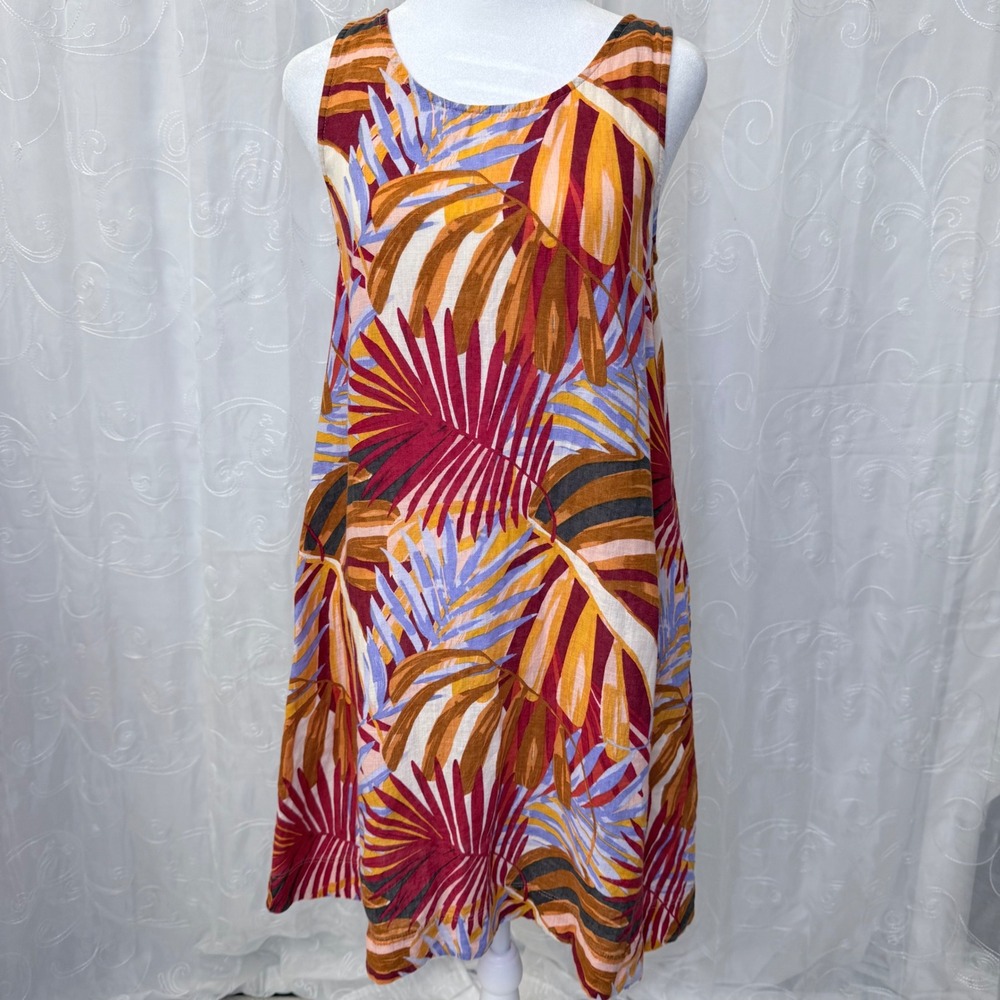 C&C California Womens XS Linen Tropical Palm Print Sleeveless Shift DressPockets